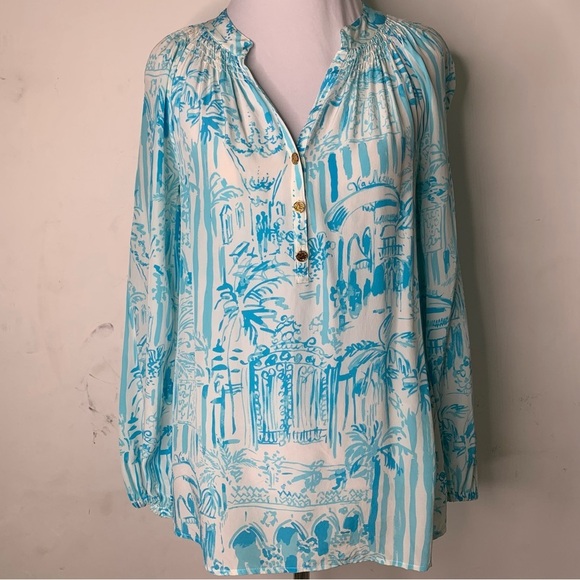 Lilly Pulitzer Women’s Blue White Silk La Via es Loca Elsa Blouse Size Small - Picture 2 of 14
